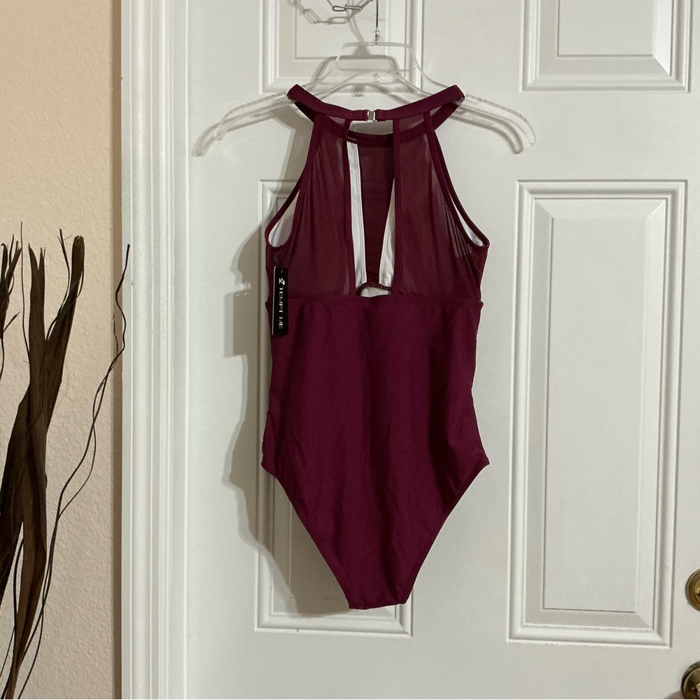 New Tempt Me Burgundy One Piece High Neck Plunge Mesh Ruched Swimsuit Size S - Picture 6 of 10